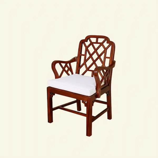 Angled profile of Ashford Chippendale Armchair with curved wood arms and tailored seat cushion
