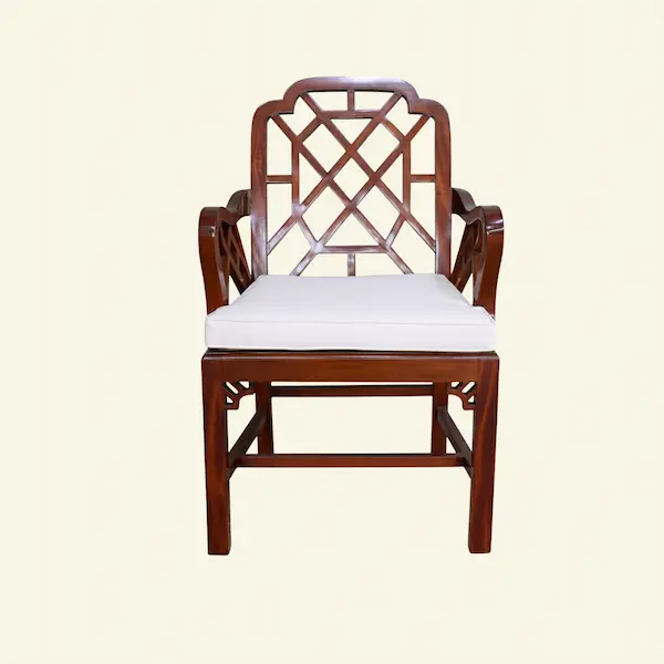 Front view of Ashford Chippendale Armchair with lattice back and white cushion