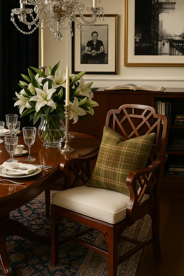 Ashford Chippendale Armchair styled in dining room with table, flowers, and tableware