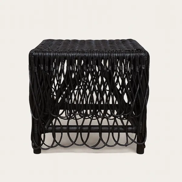 Blackburn Handwoven Rattan Side Table, front view, black rattan lattice design.