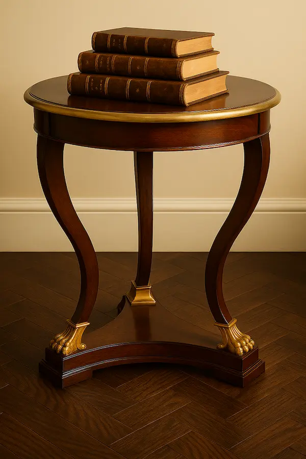 Luxury round mahogany side table with gold leaf lion paw feet and antique books on top, styled on a dark herringbone floor