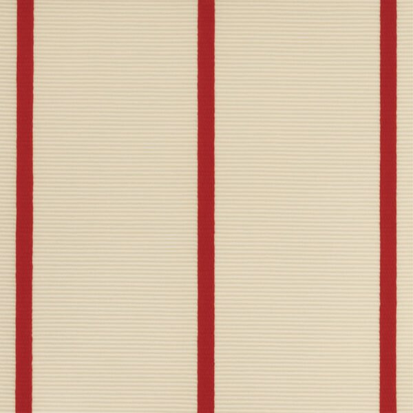 Belgrave Crimson Stripe fabric swatch with bold red vertical stripes on ivory background – cotton linen viscose blend