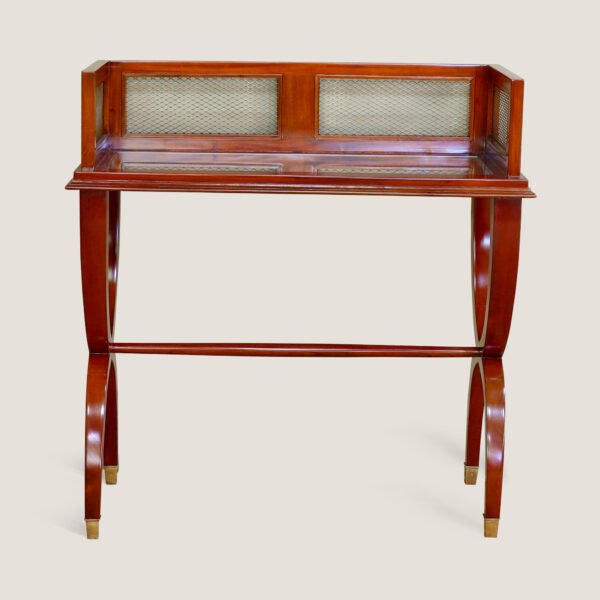 MAHOGANY & BRASS STANDING COCKTAIL TABLE