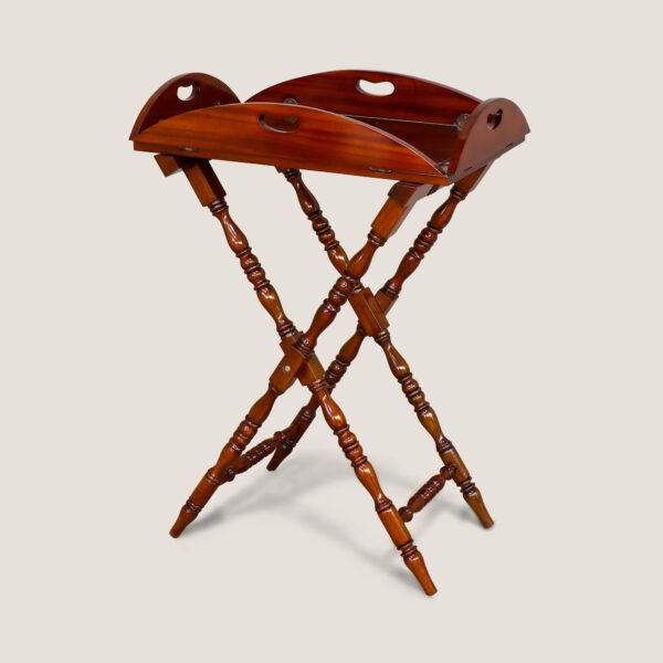 Chatsworth Mahogany Butler’s Tray Table – handcrafted mahogany folding tray table with removable tray top and turned legs.