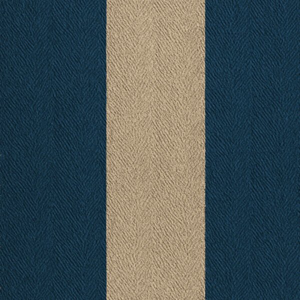 Mariner Indigo Stripe fabric with bold indigo and sand bands, hand-loomed herringbone weave for upholstery and cushions