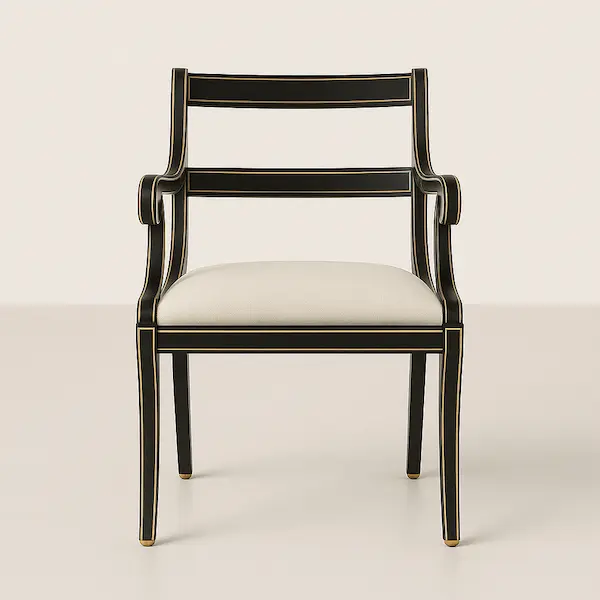 Regency Ebony Gold Armchair – Front View with Ivory Upholstered Seat