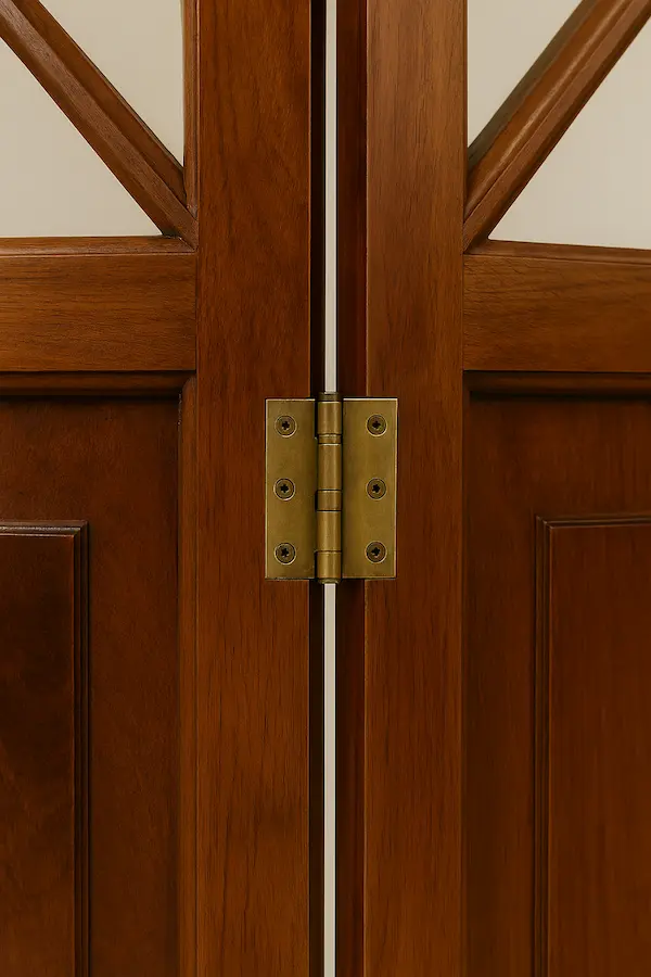 ide angle of Ryde Screen Panel showing solid mahogany construction, brass hinges, and geometric astragal woodwork.