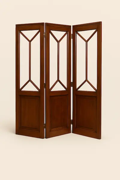 Ryde Screen Panel in solid mahogany, three-panel folding screen with raised lower panels and astragal mullion detailing.