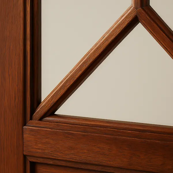 Close-up of Ryde Screen Panel showing astragal mullion design, raised lower panel, and smooth mahogany finish.