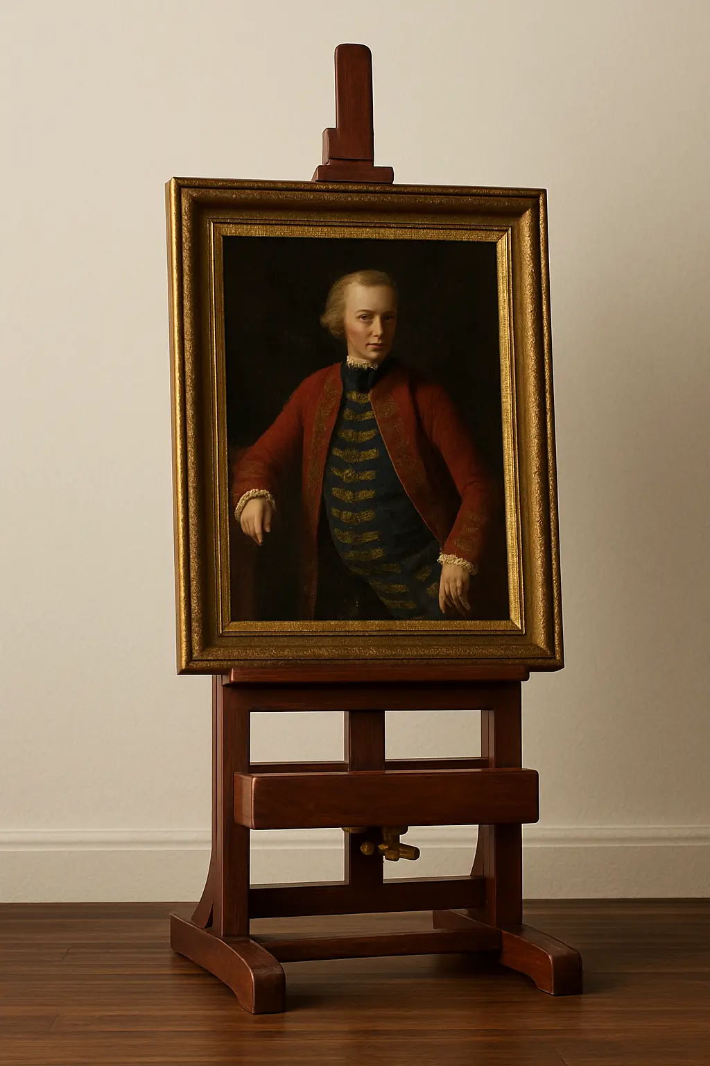 American Oak Savile Adjustable Artist’s Easel holding framed painting with brass adjustment screw