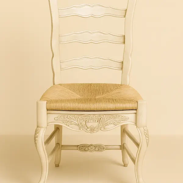 Chantilly Provincial Ladderback Chair – French Country Carved Mahogany with Rush Seat.