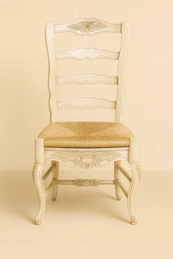 Chantilly Provincial Ladderback Chair – French Country Carved Mahogany with Rush Seat.