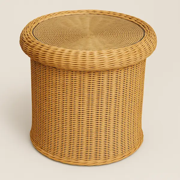 The Newport Wicker Side Table in handwoven wicker with timeless coastal elegance