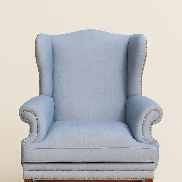 Wentworth Wingback Chair front view blue herringbone upholstery and nailhead trim