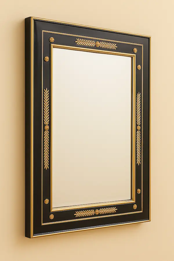 Angled view of Windsor Regency black and gold wall mirror with laurel and rosette detailing