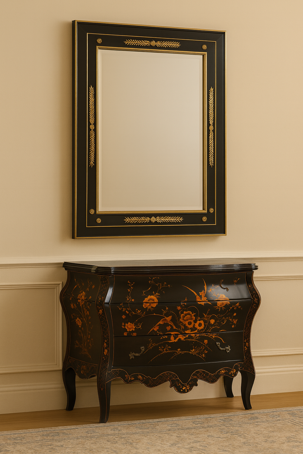 Windsor Regency black and gold wall mirror styled above lacquer floral chest Title: Windsor Regency Mirror – Luxury Black and Gold Wall Mirror