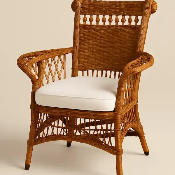 merican Victorian Wicker Armchair, angled side profile highlighting rolled backrest and wicker arms