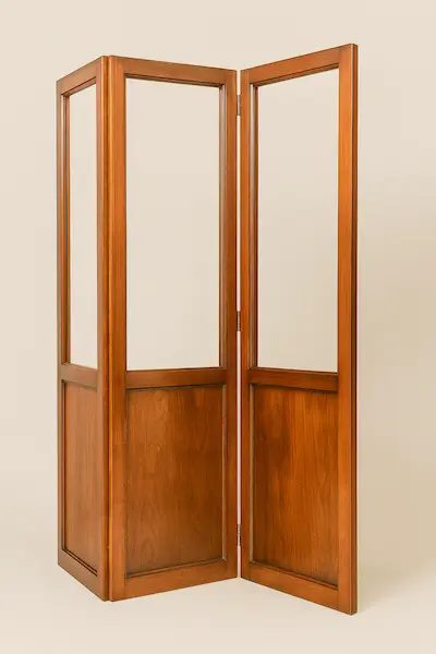 Westmont Screen Panel – luxury three-panel mahogany folding screen with mirrored upper sections and paneled lower halves by Reeva Sethi Home.