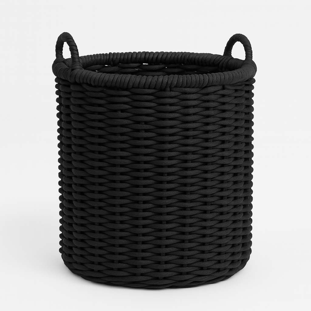 BLACK RATTAN WOVEN ROUND BASKET