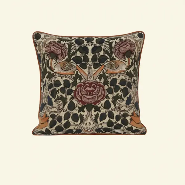 Birds & Rose Tapestry Cushion front view, Jacquard-woven floral and bird design, handmade in England