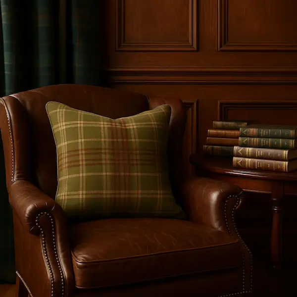 Highland Plaid Wool Cushion styled on leather armchair in traditional library setting