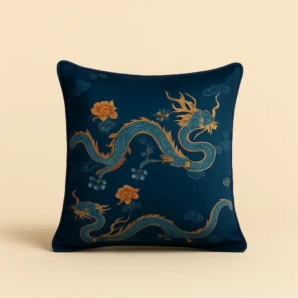 Front view of Imperial Dragon Silk Cushion, navy silk fabric with embroidered five-clawed dragon, floral accents, and concealed piping.