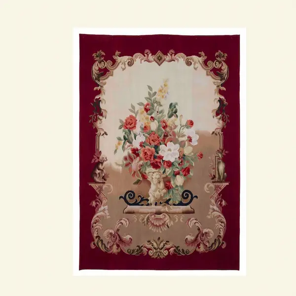 Imperial Vase Handwoven Tapestry with floral urn and scrollwork on a burgundy ground, shown flat.