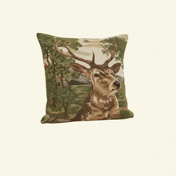 Noble Stag Tapestry Pillow with handwoven jacquard stag motif and British velvet back, 18-inch square cushion