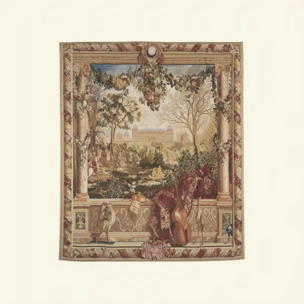 Handwoven Palais de Monceaux Tapestry in New Zealand wool depicting a 17th-century Château scene with gardens, figures, and decorative border.