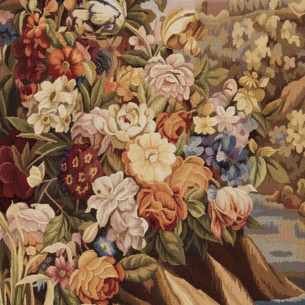 Close-up of the River Bank Bloom Handwoven Wool Tapestry showing texture and handwoven wool detail