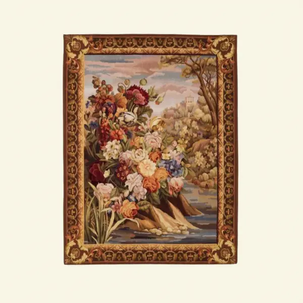 River Bank Bloom Handwoven Wool Tapestry made in New Zealand wool, displayed flat against a French Linen Ivory background