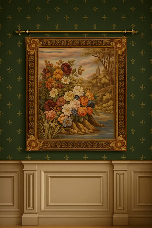 River Bank Bloom Handwoven Wool Tapestry displayed on a green patterned wall with classic wainscoting