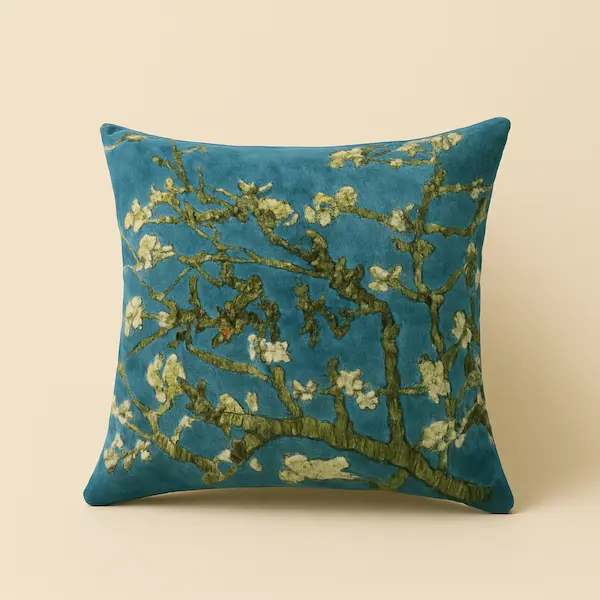 Van Gogh Blossom Tapestry Cushion in woven fabric, elegant floral cushion for luxury interiors