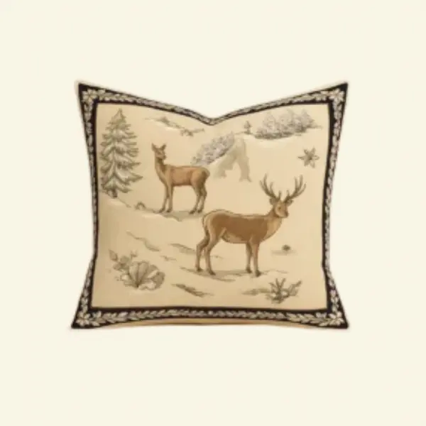 Front view of Alpine Stag Tapestry Cushion, jacquard-woven in England with stag motif and laurel border, 18x18 decorative cushion.