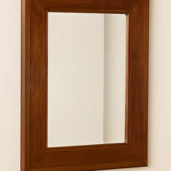 The Belgrave Mirror in polished mahogany with clean stepped frame, able to hang vertically or horizontally.