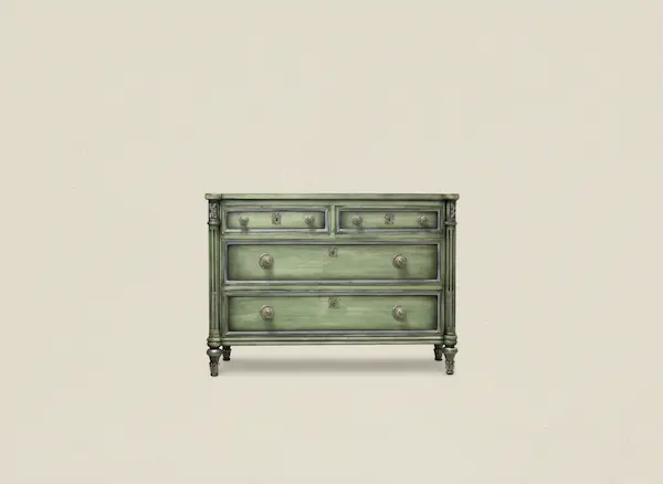Antique green French neoclassical chest of drawers with brass hardware on a French Linen Ivory background, styled for luxury interiors.