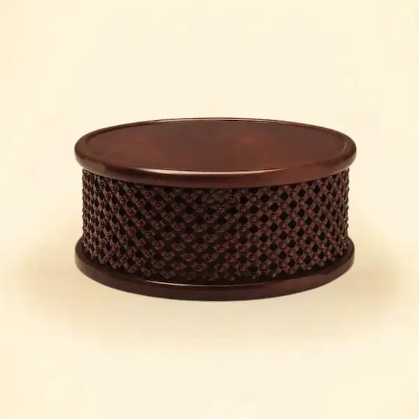 Bamileke Drum Table hand-carved in mahogany with geometric lattice carving
