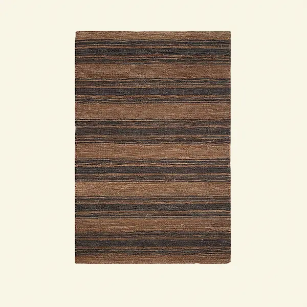 Full view of Harbor Ticking Hand-Knotted Jute Rug with brown and charcoal ticking stripes