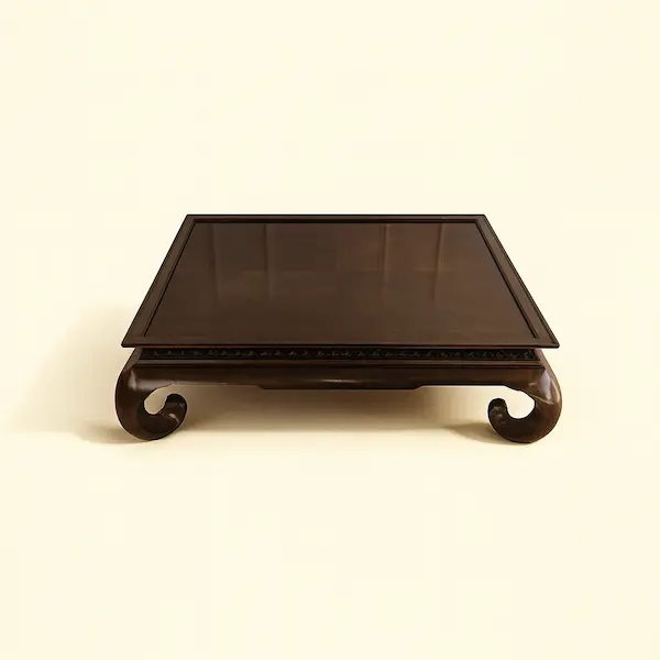 mperial Scroll Coffee Table with bold scroll legs and carved apron in rich mahogany finish